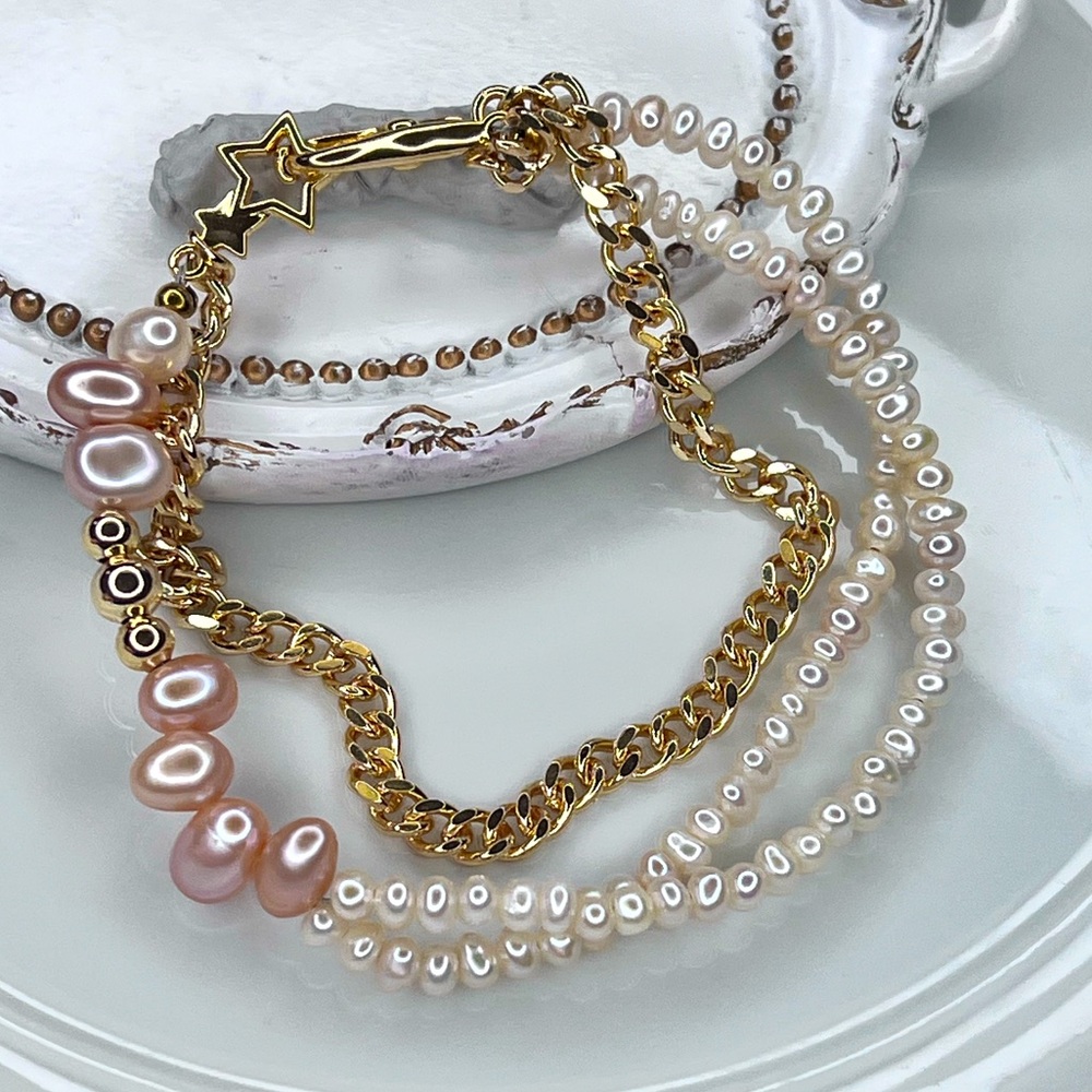 Handmade Freshwater Pink Pearl Braided Bracelet Gold Plated Extender
